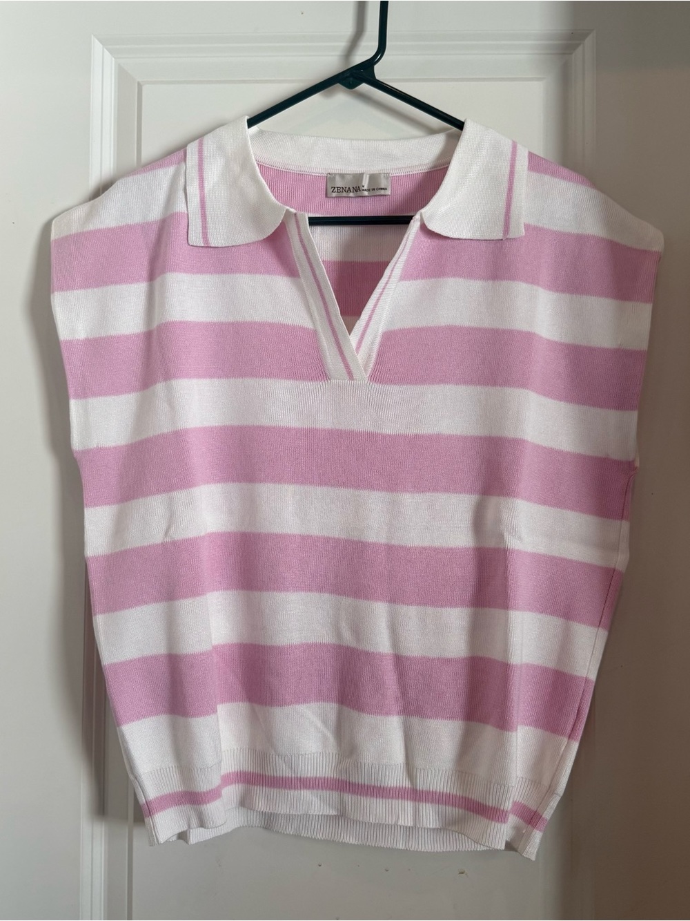 Zenana Pink & White Striped Polo Knit Top (medium)